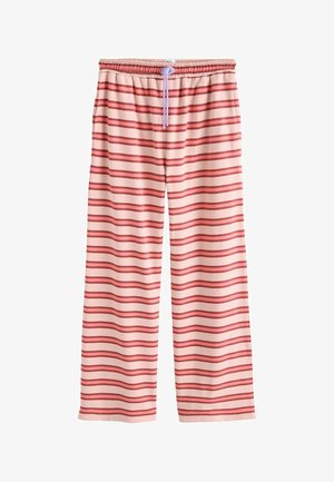 Punavalkoraidalliset kevyet pyjamahousut, joissa on kuminauhavyötärö ja nyöri, väljällä istuvuudella ja pehmeällä tekstuurilla.