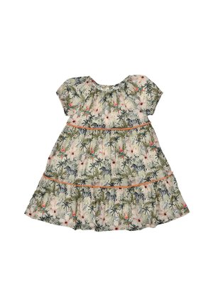 Kurzärmeliges Mädchenkleid mit tropischem Blumen-, Palmen- und Zebradruck, mit geraffter Taille und Volant-Details am Saum.