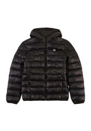 Giacca a vento nera con cappuccio, caratterizzata da un design trapuntato, chiusura con zip frontale e un piccolo logo sull'area sinistra del petto.