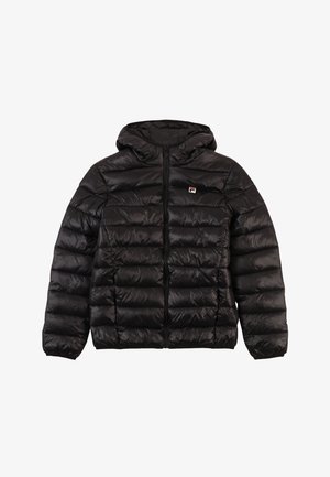 Chaqueta de plumas negra con capucha, que presenta un diseño acolchado, cierre frontal con cremallera y un pequeño logo en el área del pecho izquierdo.