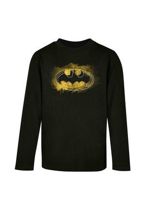 Schwarz langärmliges T-Shirt aus Baumwolle. Mit einem gelben Batman-Logo mit strukturiertem Design auf der Vorderseite, Rundhals und klassischer Passform.