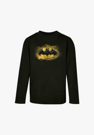 Black long-sleeve T-shirt made of cotton. Features a yellow Batman logo with a textured design on the front, crew neck, and standard fit.