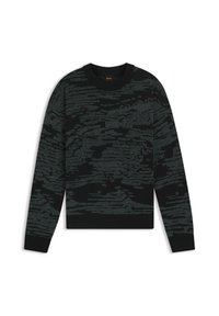 Μαύρο πουλόβερ με στρογγυλή λαιμόκοψη, με σκούρο γκρι αφηρημένο υφασμάτινο μοτίβο και ριμπ μανσέτες και τελείωμα.