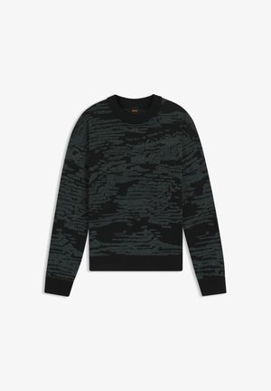 Musta pyöreäpääntieinen neulepaita, jossa tummanharmaa abstrakti tekstuurikuvio ja resorit hihansuissa ja helmassa.