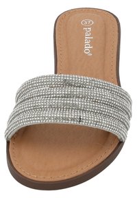 Infradito con ampie cinghie in strass argentati, una soletta marrone liscia e una suola sagomata per il comfort. Taglia 37 riportata sulla soletta.