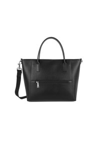 Borsa a tracolla in pelle nera con una texture a granuli, doppi manici, una tracolla removibile e tasca con zip frontale. Design minimalista.