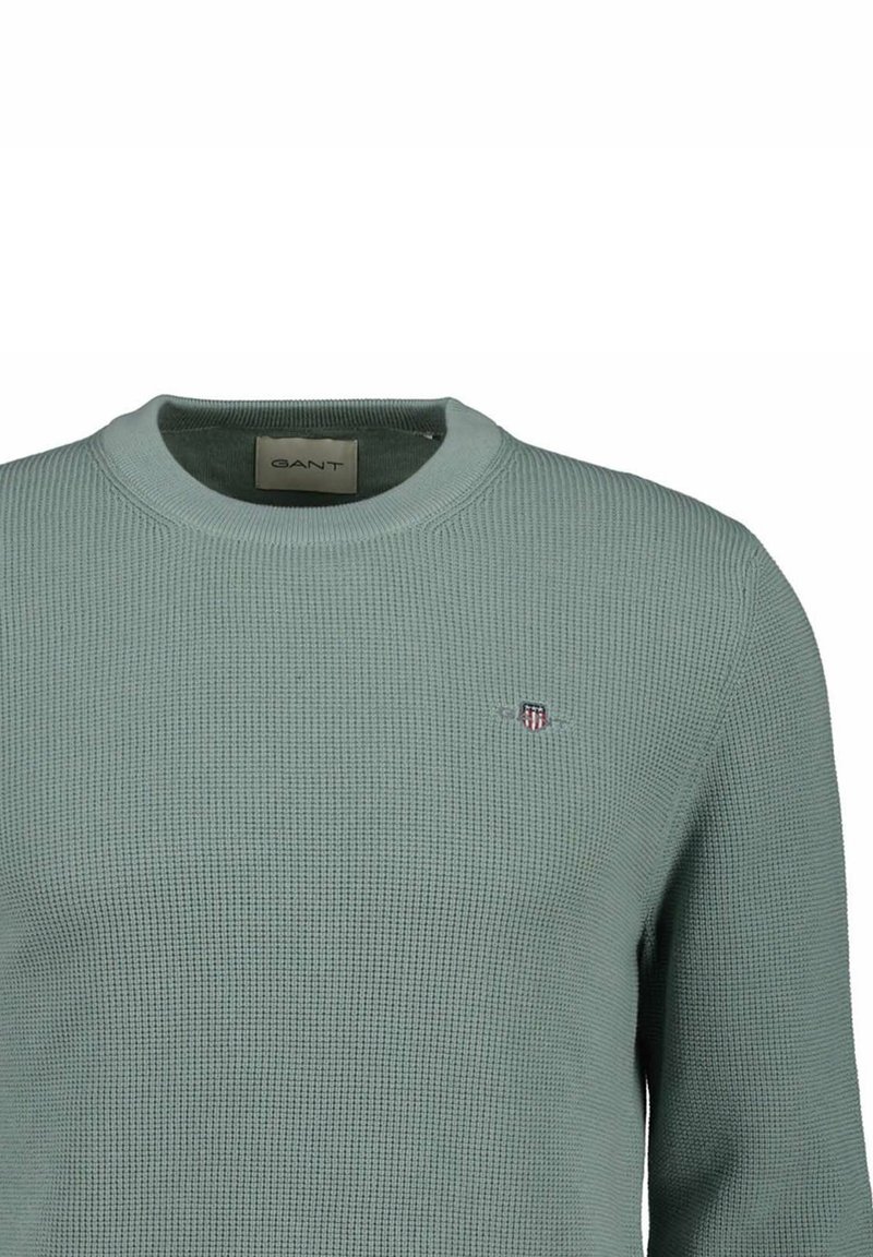 Maglione girocollo in maglia verde chiaro con texture, con piccolo logo a scudo sul petto a sinistra e etichetta GANT all'interno del colletto.