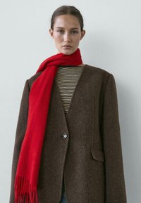 Brun uldblazer med enkelt knap, kombineret med et skarpt rødt tørklæde. Toppen har sorte og hvide vandrette striber.