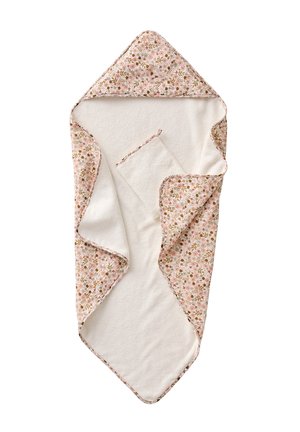 Soft white hooded baby towel with pink floral patterned trim and matching washcloth inside.