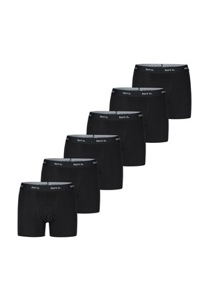 Schwarze Baumwoll-Boxershorts mit elastischem Bund, ausgestattet mit einem grauen Markenlabel. Sieben Paare in einer Reihe angeordnet, die dasselbe Design präsentieren.