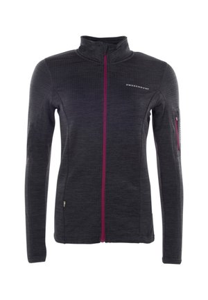 Fleece-takki tummanharmaana, korkealla kauluksella, purppuralla vetoketjulla, pitkillä hihoilla ja sivusauman vetoketjupussilla. Ominaisuuksiin kuuluu teksturoitu kangas ja logotieto.