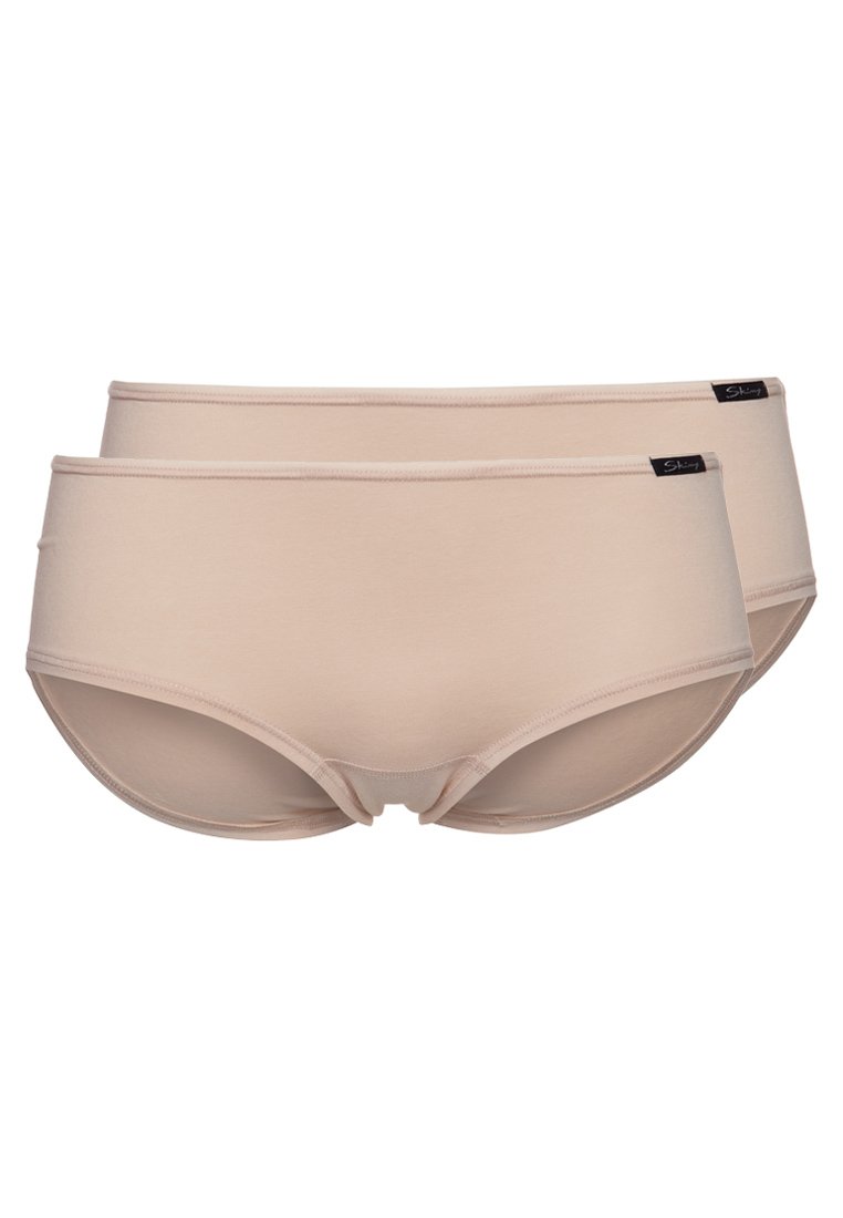 Culottes hipster en coton beige, lot de deux, avec une texture lisse, une taille étroite et une marque discrète sur le côté.