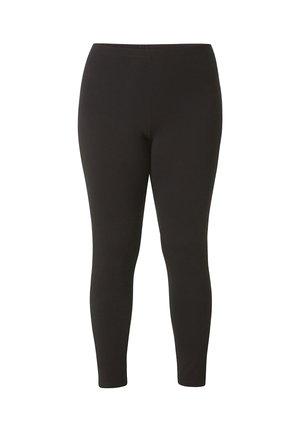 Zwarte high-waist leggings tot aan de enkels met een slanke pasvorm en een gladde, elastische tailleband, afgebeeld tegen een witte achtergrond.