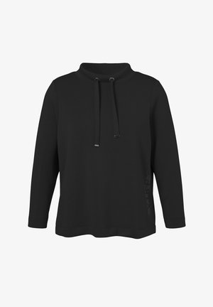 Zwarte sweatshirt met een hoge hals, lange mouwen en trekkoorden. Heeft een textuurontwerp aan de zijkant en geribde manchetten. Zacht, glad weefsel.