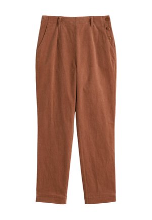 Bruine, high-waisted broeken gemaakt van geweven stof, met zijzakken, een rechte pijp en vier decoratieve knopen op de tailleband.