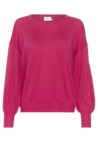 Pull-over fuchsia avec encolure côtelée, manches bouffantes et une texture douce et brillante. Il présente un ourlet droit et un léger éclat.