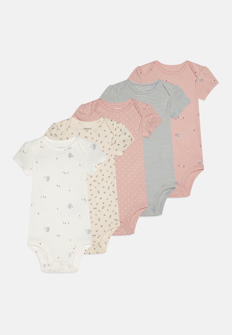 Fem korteermede babybodyer i krem, beige, rosa og grå. Har blomster- og prikkemønsters. Myk bomullsmateriale med trykknapper.