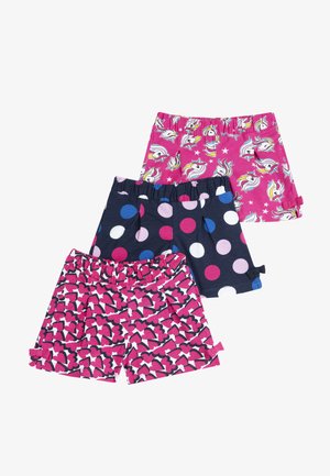Trois paires de shorts : rose avec des motifs de licornes, bleu marine avec des pois colorés, et à motifs de cœurs rose/noir. En coton doux, avec des tailles élastiques.
