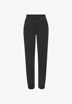 Crne trenirke napravljene od mekanog materijala, s elastičnim pojasom i vezicom, bočnim džepovima i suženim manžetama.