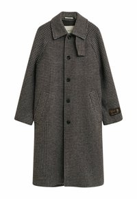 Lange wollen jas met een bruin/grijs houndstoothpatroon, knoopsluiting, brede kraag, zijzakken en een merkpatch op de mouw.