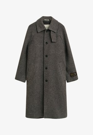 Long wool coat with brown and gray houndstooth pattern, button closure, wide collar, side pockets, and a branded patch on the sleeve.