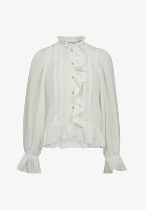 White long-sleeve blouse with a ruffled front, high neck, button closure, and flared cuffs. Made of textured fabric with vertical stripes.