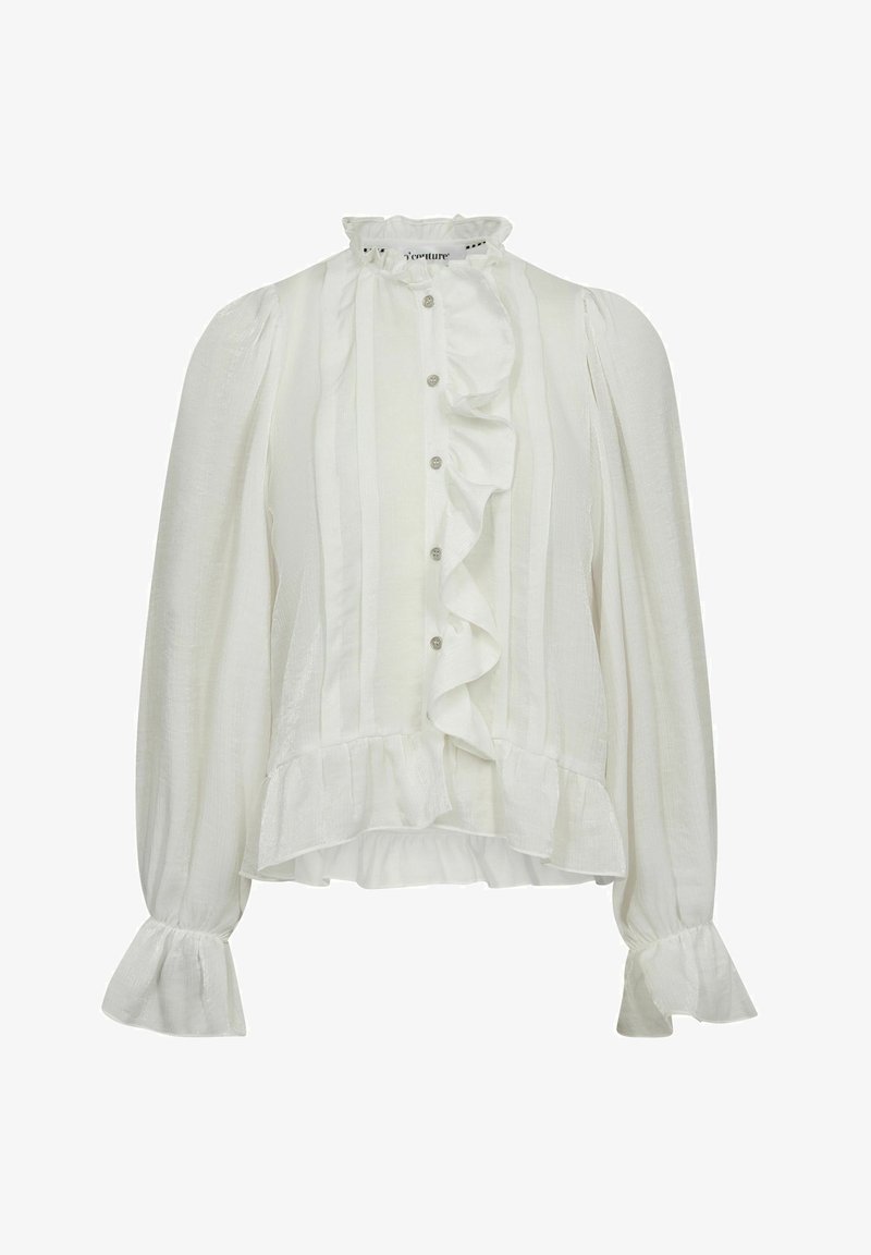 Bluză albă cu mâneci lungi, cu un detaliu volanat în față, guler înalt, închidere cu nasturi și manșete evazate. Fabricată dintr-un material texturat cu dungi verticale.