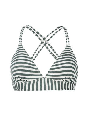 Pasiasty stanik bikini z zielonymi i białymi poziomymi liniami, trójkątnymi miseczkami oraz krzyżującymi się ramiączkami na plecach. Teksturowany materiał o miękkim wykończeniu.