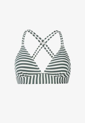 Horizontalių žalių ir baltų juostų maudymosi liemenėlė su trikampiais puodeliais ir kryžminėmis nugarėlėmis. Textūruota medžiaga su švelniu paviršiumi.