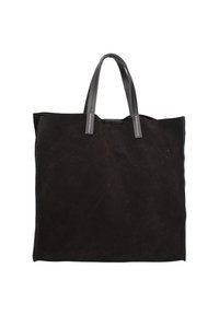 Borsa tote in suede nera con due manici in pelle. Presenta linee pulite, forma quadrata e cuciture visibili sui manici.