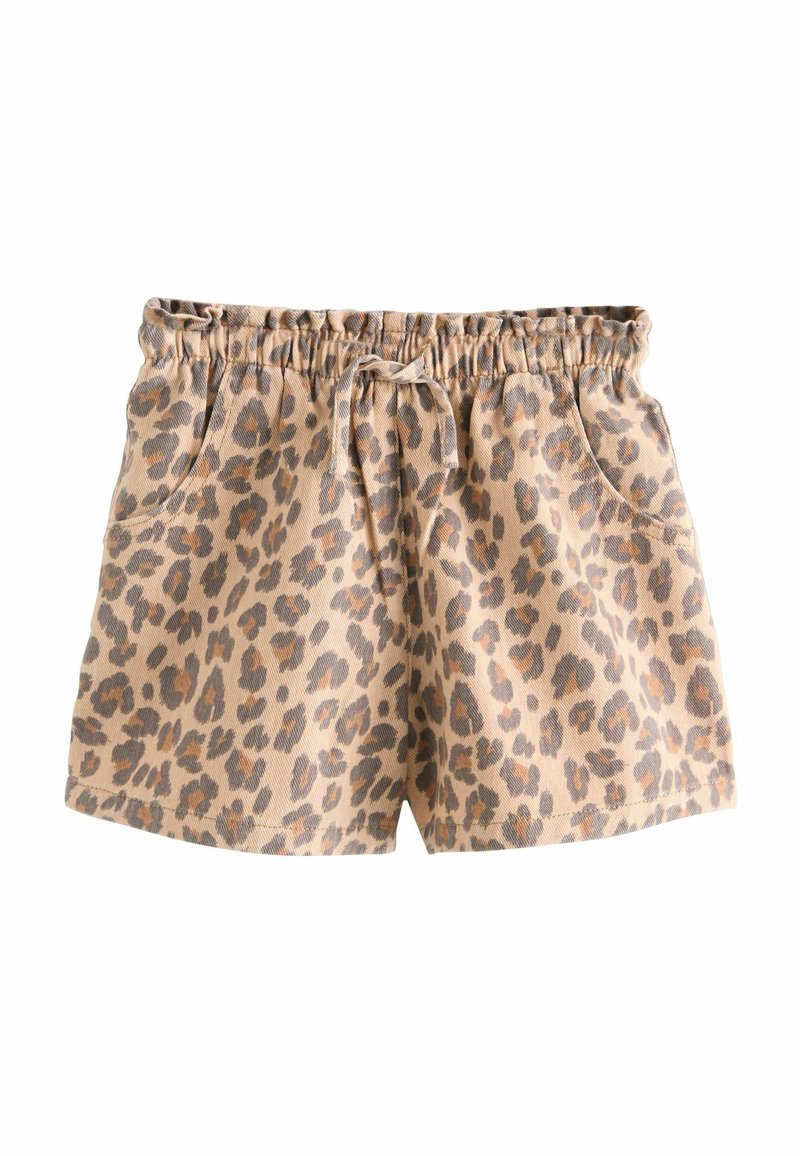 Leopardenmuster-Shorts in einem hellbraunen Farbton. Mit elastischem Bund, Kordelzug und zwei Seitentaschen. Hergestellt aus weichem, strukturiertem Stoff.