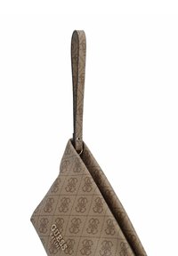Borsa a tracolla marrone con motivo, dotata di una finitura texturizzata, caratterizzata da una lunga tracolla e accessori in argento. Logo ben visibile sul fronte.