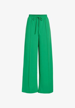 Wide-leg trousers in vibrant green, made of smooth fabric, featuring an elastic waistband with a drawstring, and side pleats for added detail.