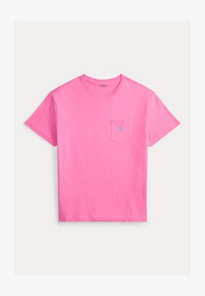Short-sleeve t-shirt in bright pink cotton, featuring a pocket on the left chest with a small blue logo, classic crew neckline.