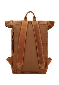 Rudas odinis ir drobiniu kuprinė su dviem petnešomis, viršutine rankena ir suvalkoma viršūne. Yra šoninis kišenė ir kontrastingi siūlai.