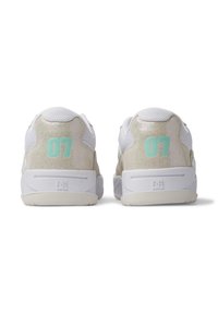 White sneakers with a textured, shiny gold accent on the heel, mint green "07" detail, and padded mesh collar for comfort.