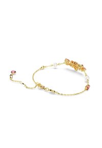 Goldene Armbanduhr mit dekorativen Gliedern, rosa und klaren Kristallen sowie runden Perlen. Enthält einen sicheren Verschluss und eine verstellbare Kettenlänge.