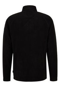 Schwarze Fleecejacke mit hohem Kragen, langen Ärmeln und glatter Textur; zeichnet sich durch ein minimalistisches Design ohne sichtbare Hardware oder Akzente aus.