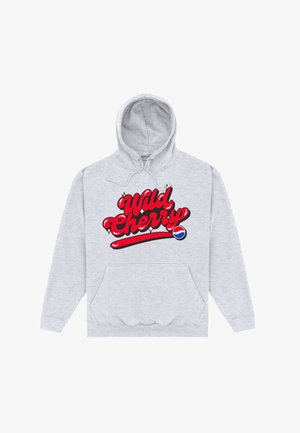 Lichtgrijze hoodie met rode "Wild Cherry" tekst en een klein Pepsi-logo onder de tekst op het midden van de voorkant.