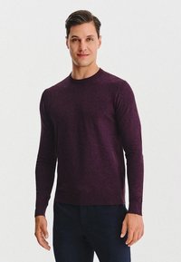 Mężczyzna w dopasowanym, fioletowym swetrze z długim rękawem i ciemnych spodniach, stojący na tle gładkiej, białej ściany, lekko się uśmiechający.