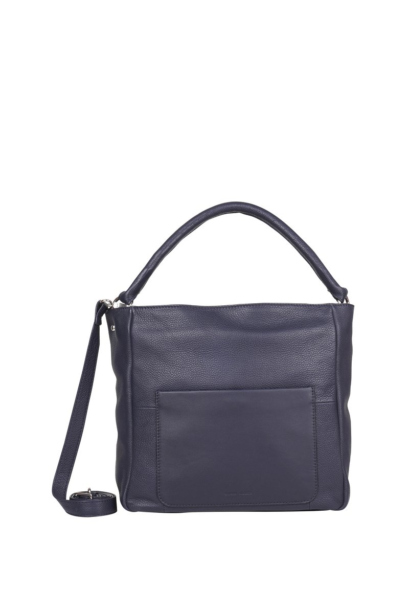 Borsa a mano in pelle blu navy con finitura testurizzata, manico superiore, tracolla regolabile e tasca frontale. Chiusura con zip, design semplice.