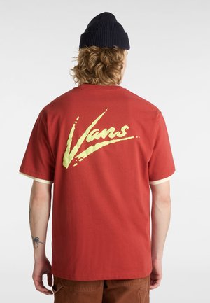 Red short-sleeve t-shirt made of cotton, featuring a large yellow Vans logo on the back and white accents on the sleeves.