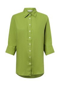 Green button-up shirt made of lightweight fabric, featuring a collar, three-quarter sleeves, and a slightly curved hem.