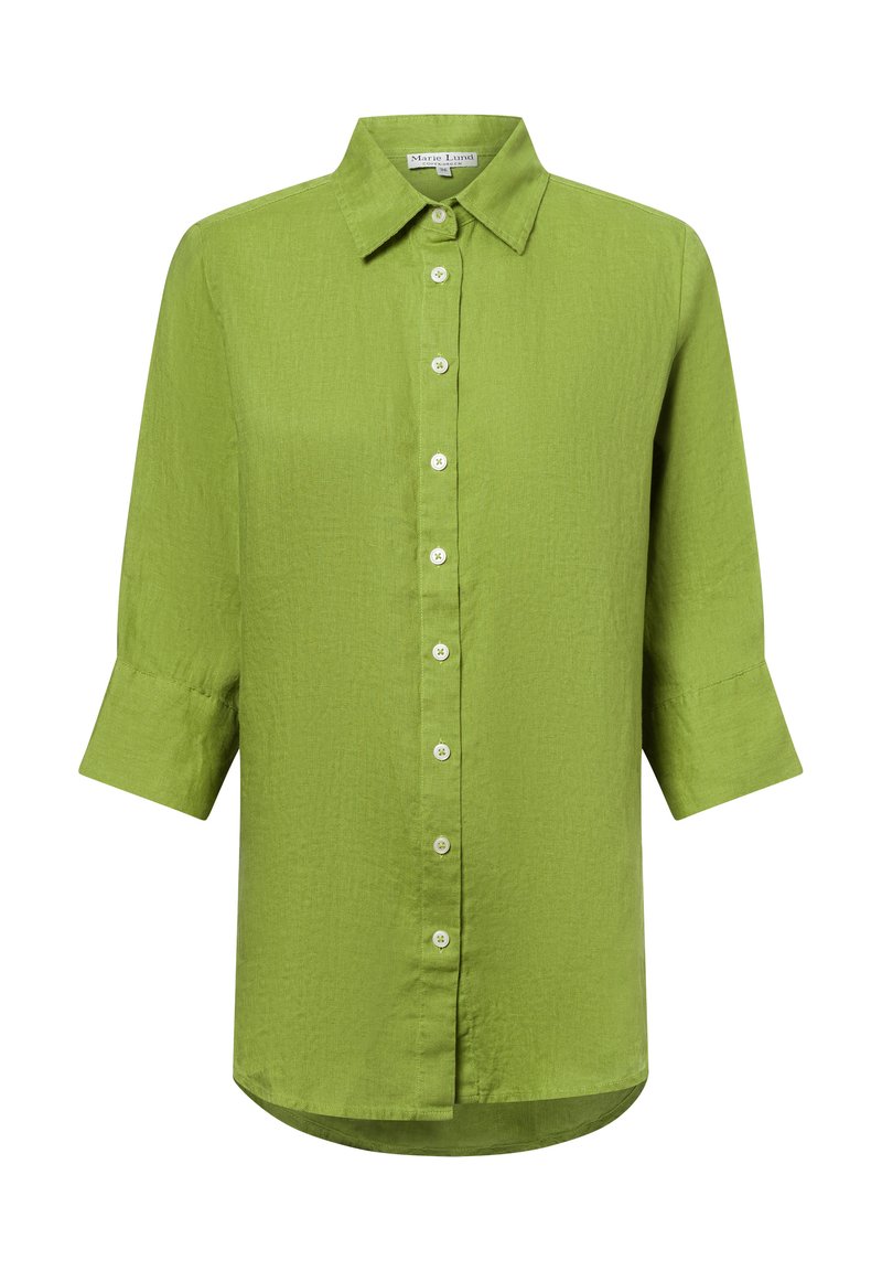 Green button-up shirt made of lightweight fabric, featuring a collar, three-quarter sleeves, and a slightly curved hem.