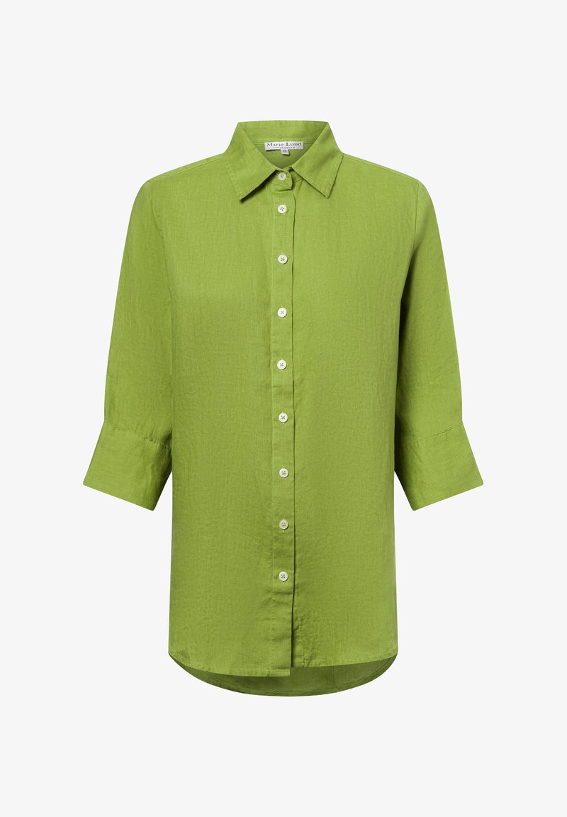Green button-up shirt made of textured fabric, featuring a collar, three-quarter sleeves, and a straight hem with a rounded bottom.
