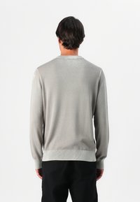 Pulover din tricot de un gri deschis, cu mâneci lungi, un guler rotund și un tiv cu nervuri. Textură netedă cu o strălucire subtilă și un design ajustat.