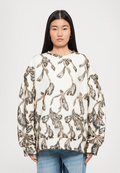 Übergrößen-Sweatshirt in Off-White mit schwarzer und goldener Blumenstickerei. Mit rundem Ausschnitt und locker sitzenden Ärmeln.