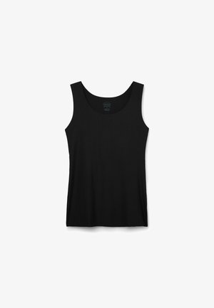 Černý tílko s kulatým výstřihem, bez rukávů a hladkým, lehkým materiálem. Bez vzorů nebo ozdob.