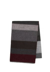 Wool scarf with horizontal stripes in dark burgundy, gray, and light gray. Features soft texture and fringe along the edges.
