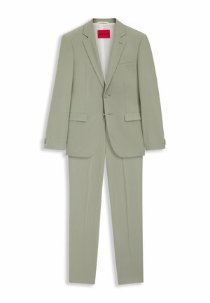 Hellgrüner Herrenanzug mit Zweiknopf-Sakko und passender Hose, ausgestattet mit Kerbkragen und Pattentaschen.